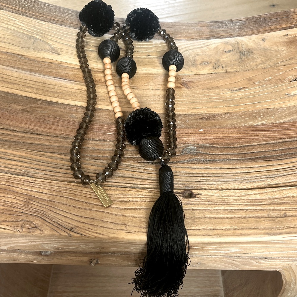 WEEKEND—Crystal-Wood-Raffia-Tassel Necklace NWOT